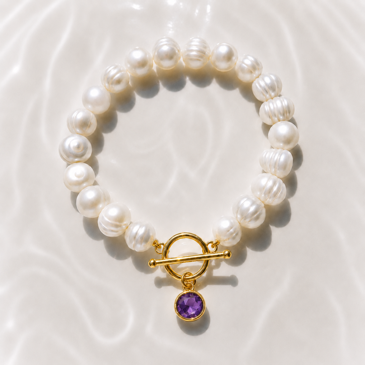 February Birthstone Pearl Bracelet, Amethyst Charm Bracelet, Freshwater Pearl Bracelet Gold, Bridesmaid Gift for Her, February Birthday Gift