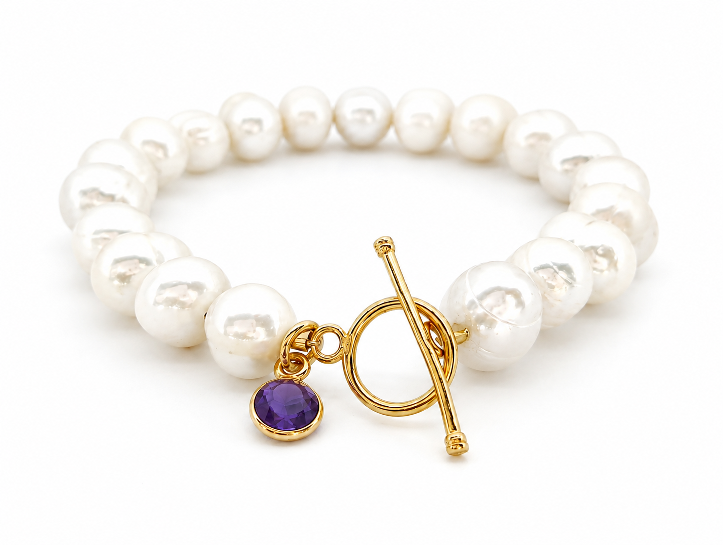 February Birthstone Pearl Bracelet, Amethyst Charm Bracelet, Freshwater Pearl Bracelet Gold, Bridesmaid Gift for Her, February Birthday Gift