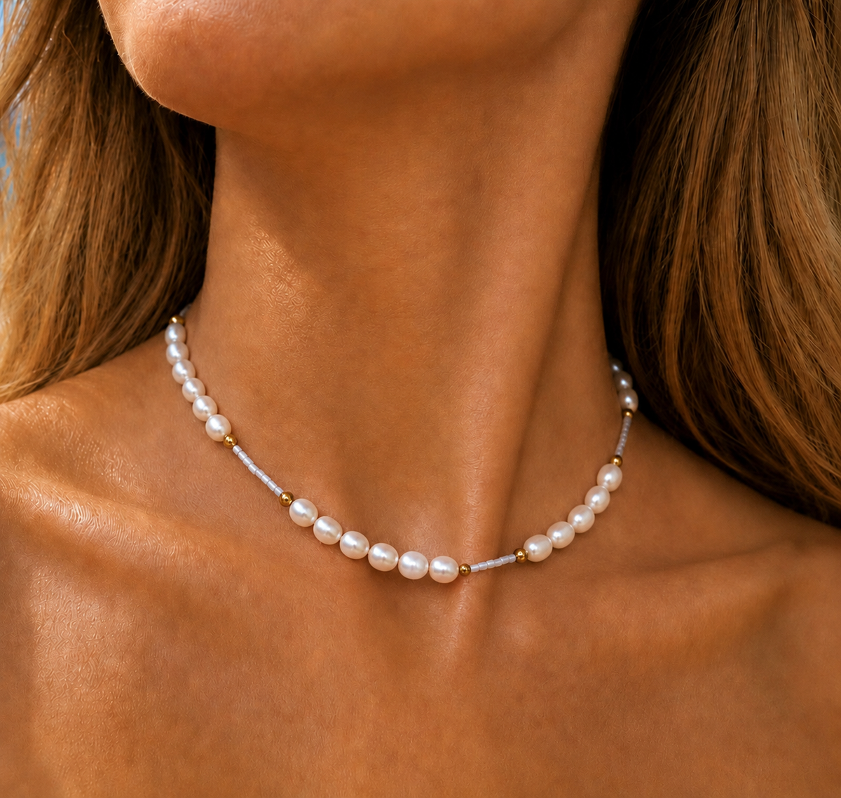 Dainty Blue Seed Bead Choker Necklace with Freshwater Pearl | The RAINA Necklace