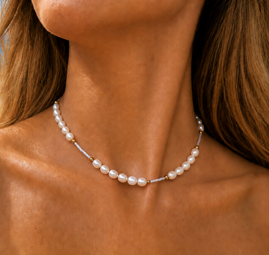Dainty Blue Seed Bead Choker Necklace with Freshwater Pearl | The RAINA Necklace