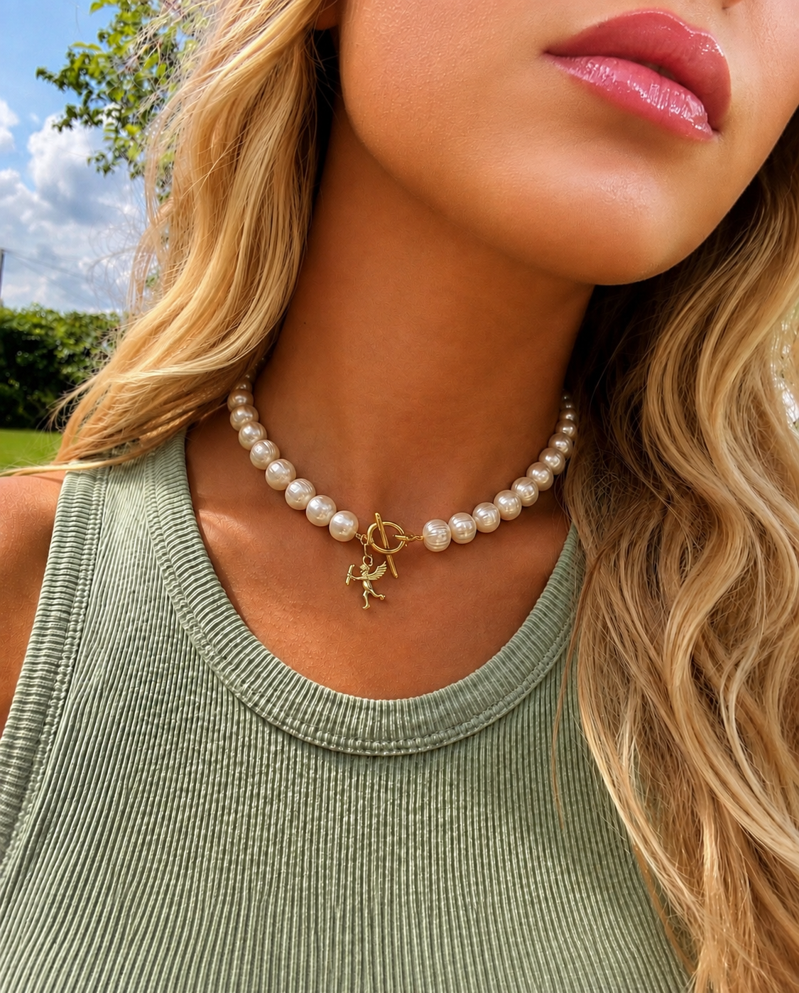 White pearl charm necklace with dainty gold Cupid / cherub charm, classic white pearl jewelry, unique pearl jewelry, summer jewelry
