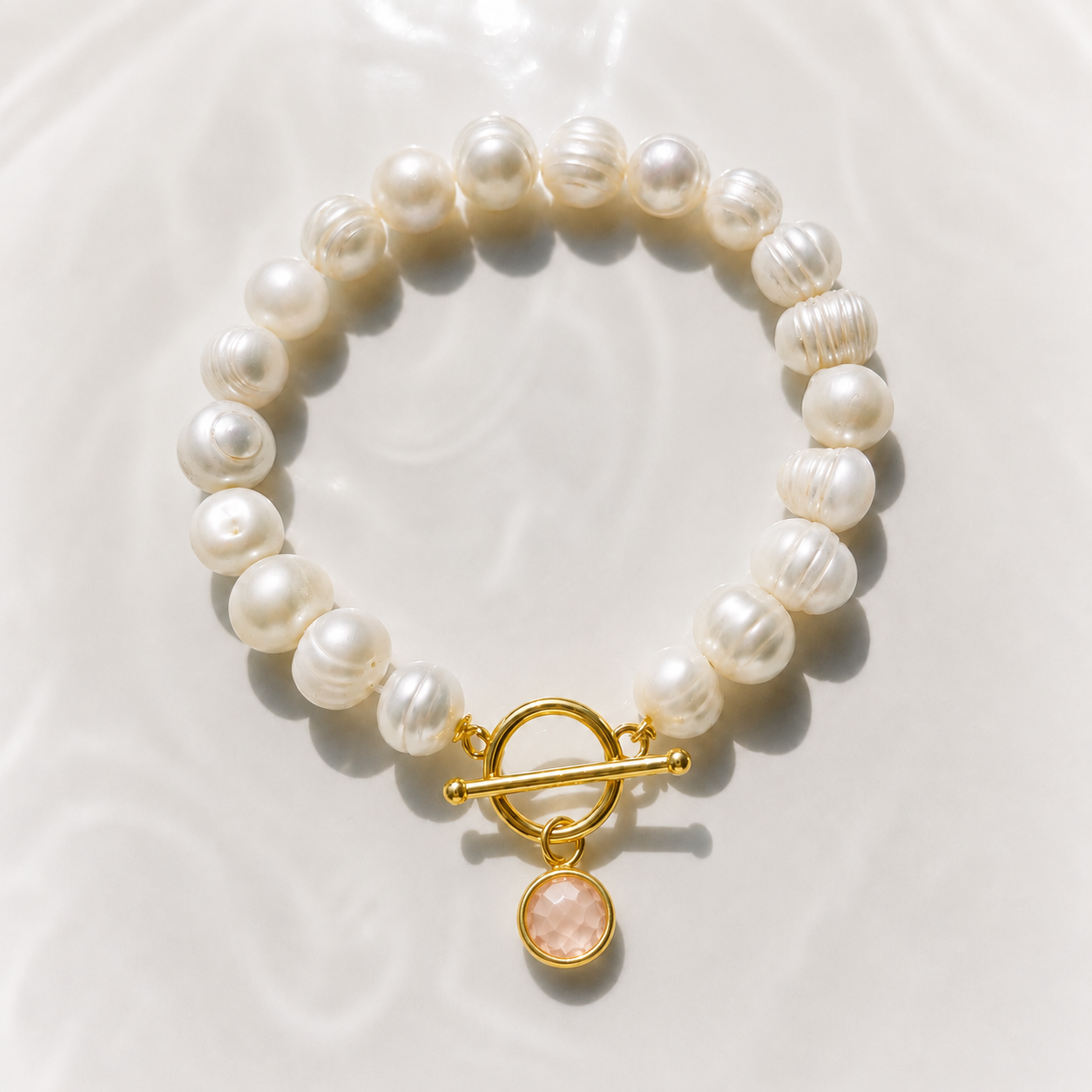 October Birthstone Pearl Bracelet Rose Quartz, Gold Charm Bracelet, Freshwater Pearl Bracelet, October Birthday Gift for Her, Bridesmaid