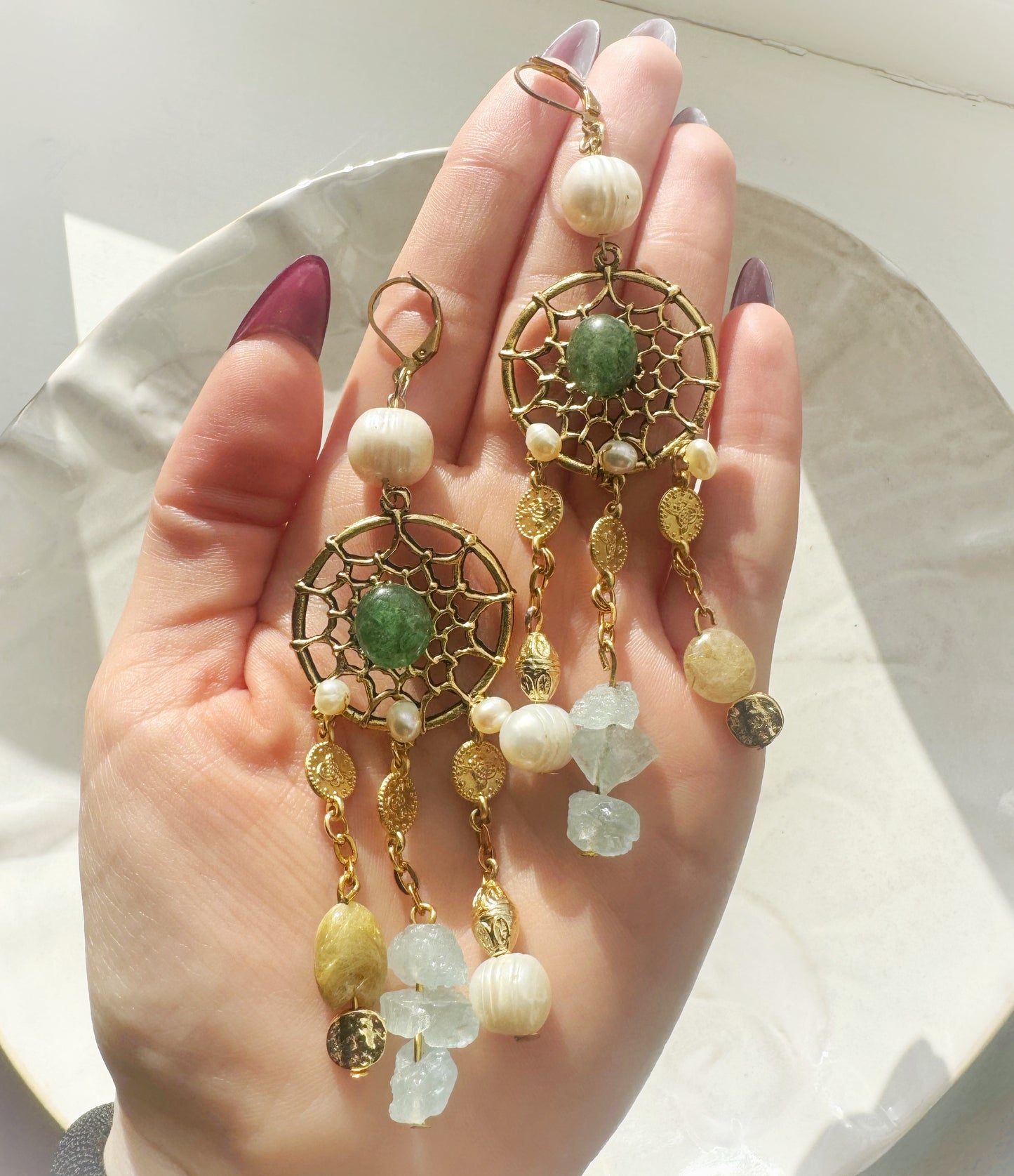 Boho Earrings, Dream Catcher Dangle Earrings, Statement Chandelier Earrings, Gold Drop Earrings, Boho Vacation Jewelry, Gemstone Jewelry