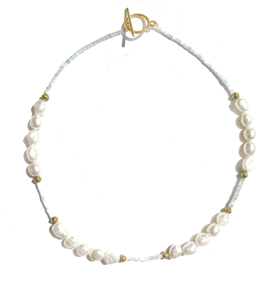 Dainty Blue Seed Bead Choker Necklace with Freshwater Pearl | The RAINA Necklace