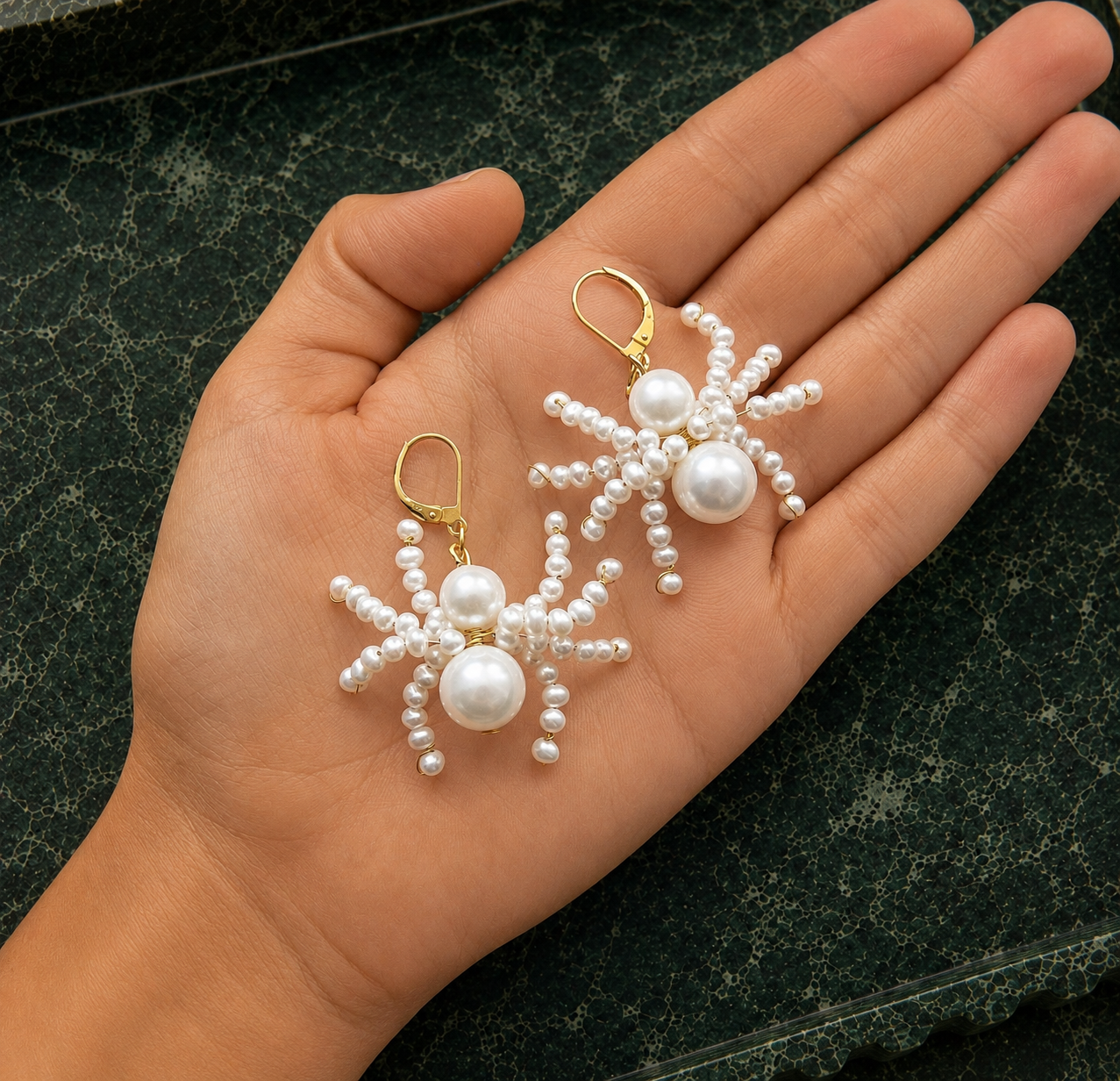 Spider Statement Earrings, Unique Earrings, Pearl Drop Earrings, Dangle Earrings, Freshwater Pearl Jewelry, Quirky Fun Statement Jewelry