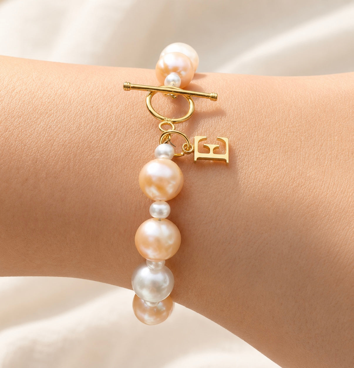 Letter charm bracelet, freshwater peach pearl bracelet with gold vermeil clasp and initial letter charm, personalized jewelry gifts