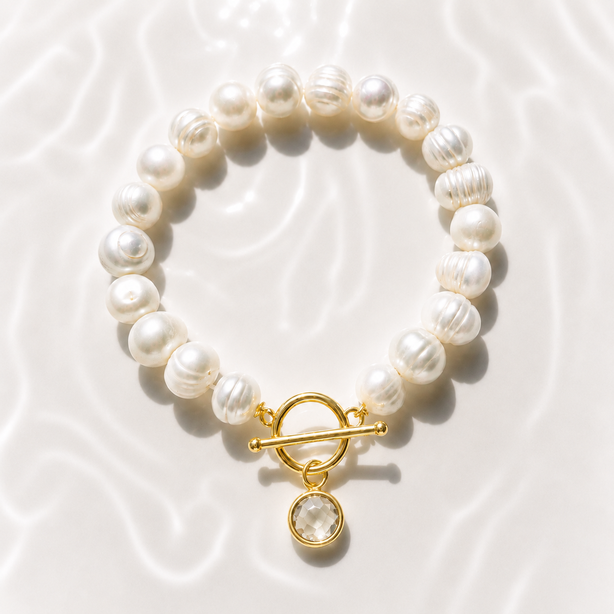 April Birthstone Pearl Bracelet, Crystal Charm Bracelet, Freshwater Pearl Bracelet Gold, April Birthday Gift for Her, Bridesmaid Jewelry