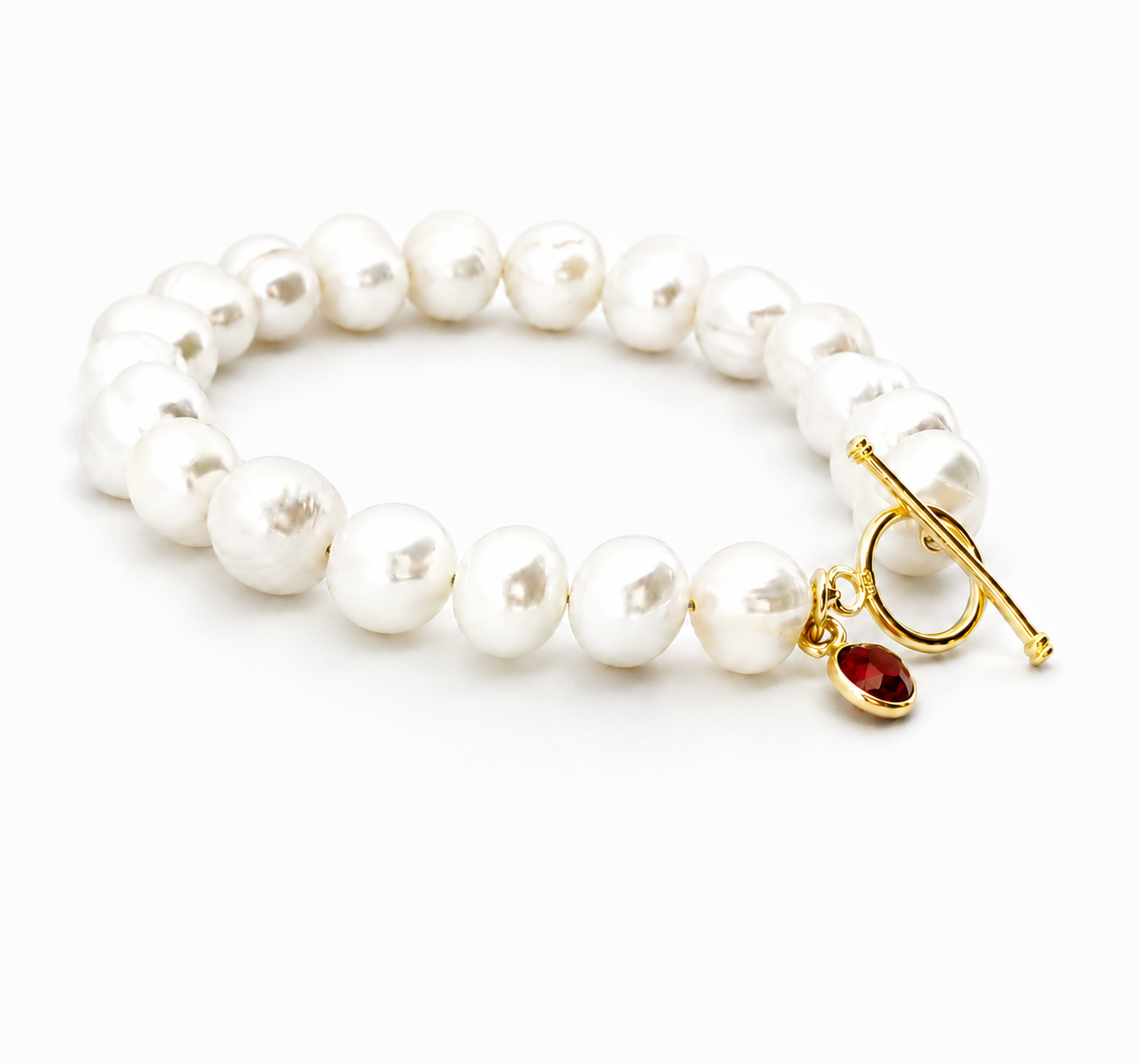 January Birthstone Pearl Bracelet, Garnet Charm Bracelet, Freshwater Pearl Bracelet, Gold Toggle Bracelet, Birthday Gift for Her Jewelry