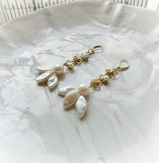 Art Nouveau Gold Pearl Dangle Earrings, Dainty Floral White Freshwater Pearl Earrings, Gold Vermeil Earrings, Bridal / Bridesmaid Jewelry