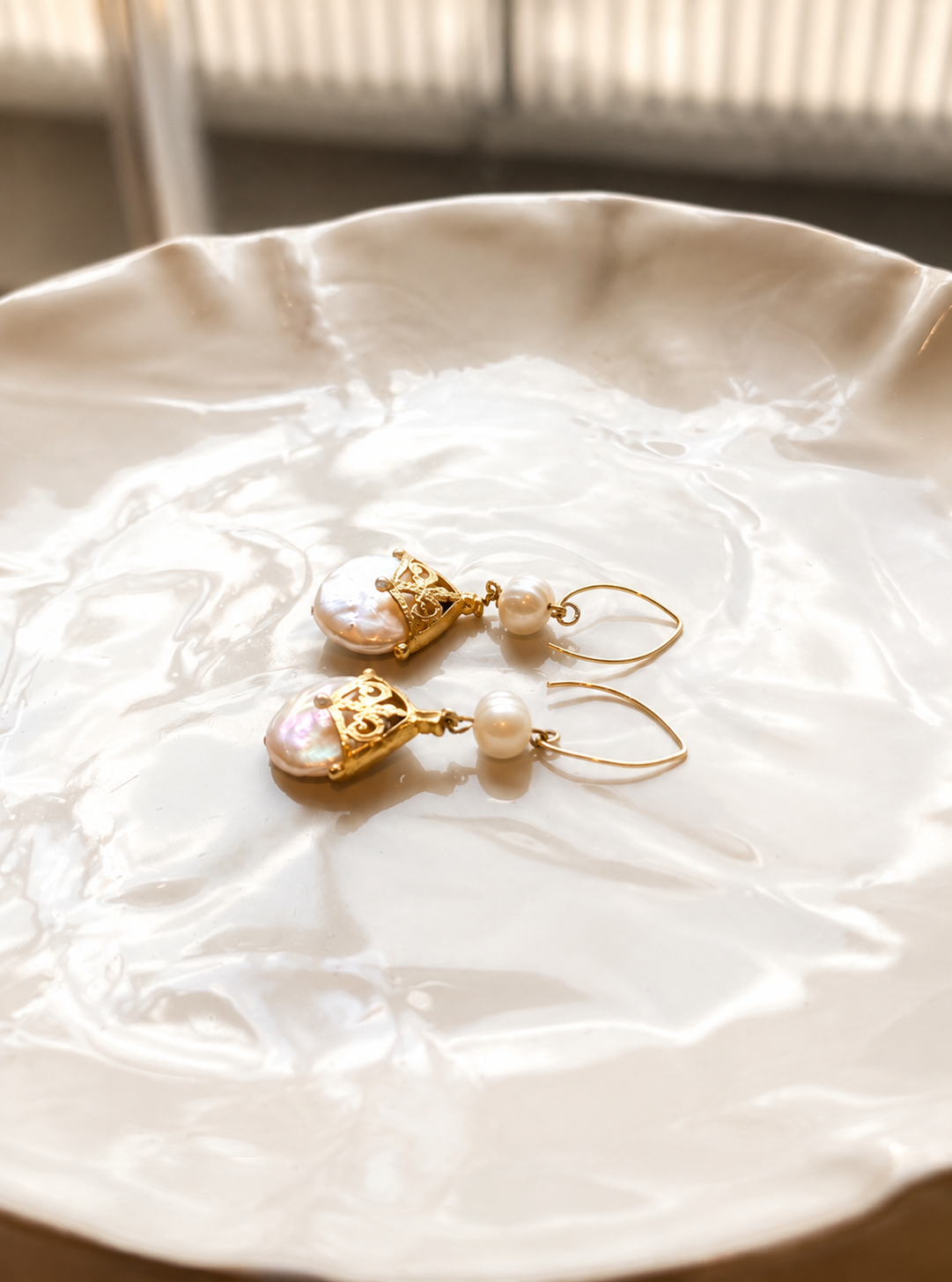 Gold Freshwater Pearl Drop Earrings – Floral Wedding Earrings