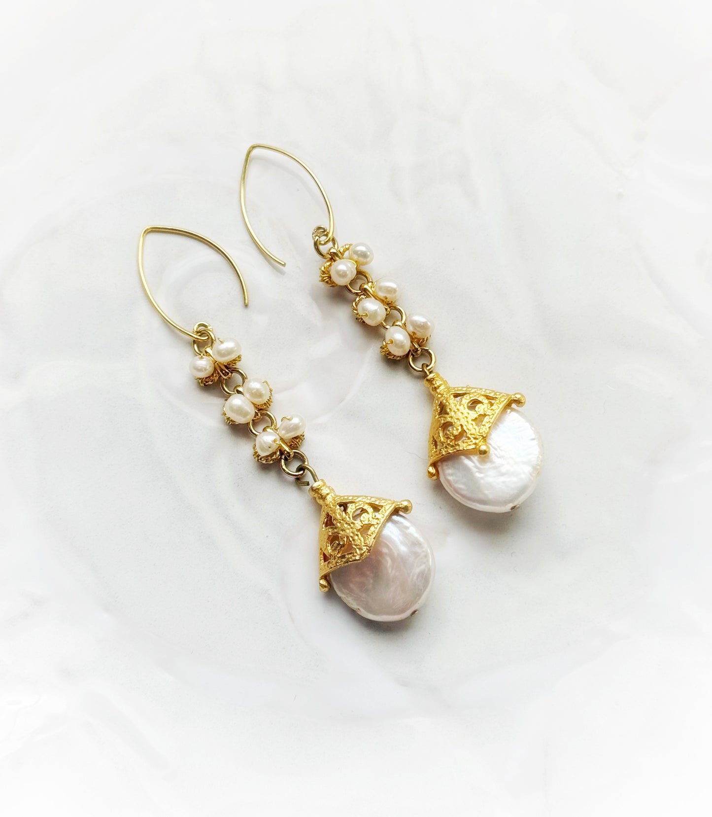 Statement Dangle Pearl Earrings, Vintage Style Gold Drop Earrings with White Freshwater Pearls and Gold Vermeil, Gold Pearl Occasion Jewelry