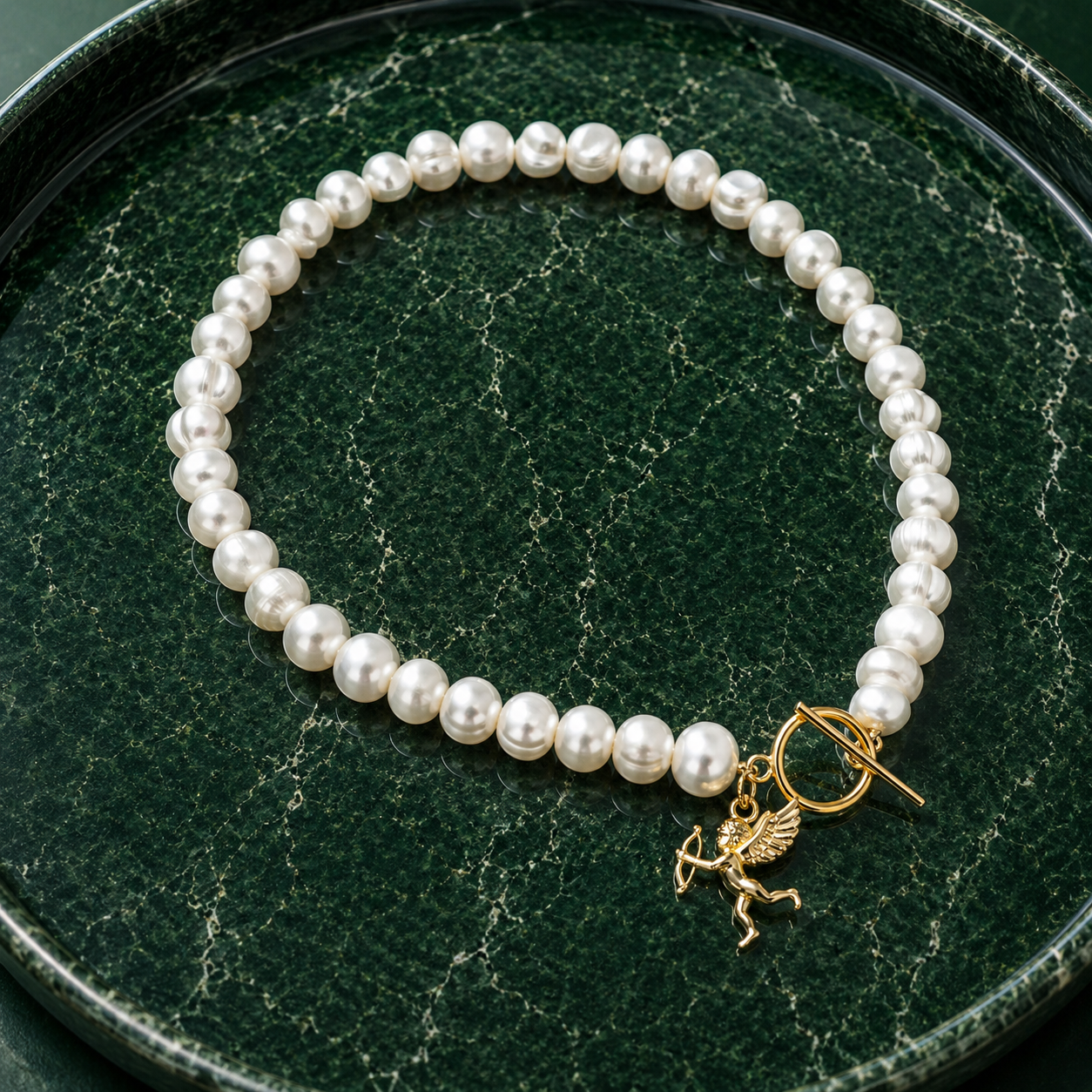 White pearl charm necklace with dainty gold Cupid / cherub charm, classic white pearl jewelry, unique pearl jewelry, summer jewelry