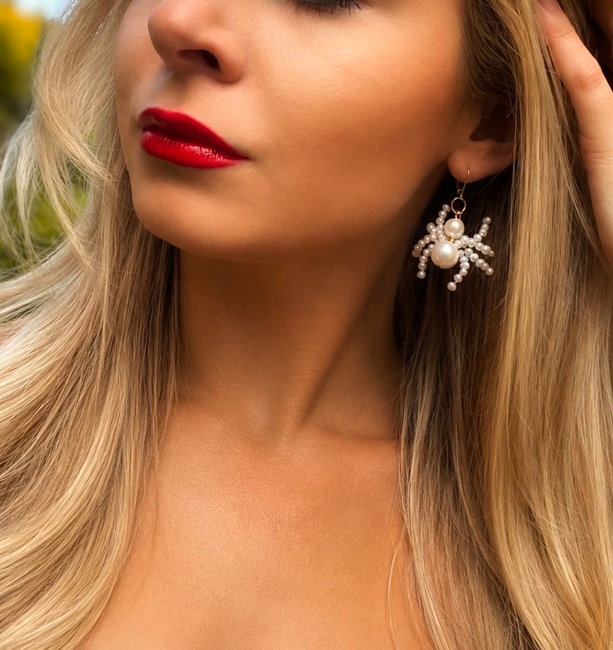 Spider Statement Earrings, Unique Earrings, Pearl Drop Earrings, Dangle Earrings, Freshwater Pearl Jewelry, Quirky Fun Statement Jewelry