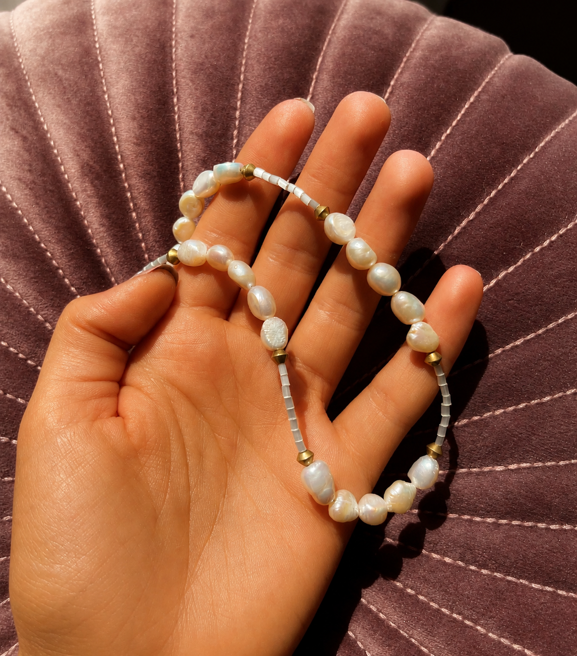 Dainty Blue Seed Bead Choker Necklace with Freshwater Pearl | The RAINA Necklace