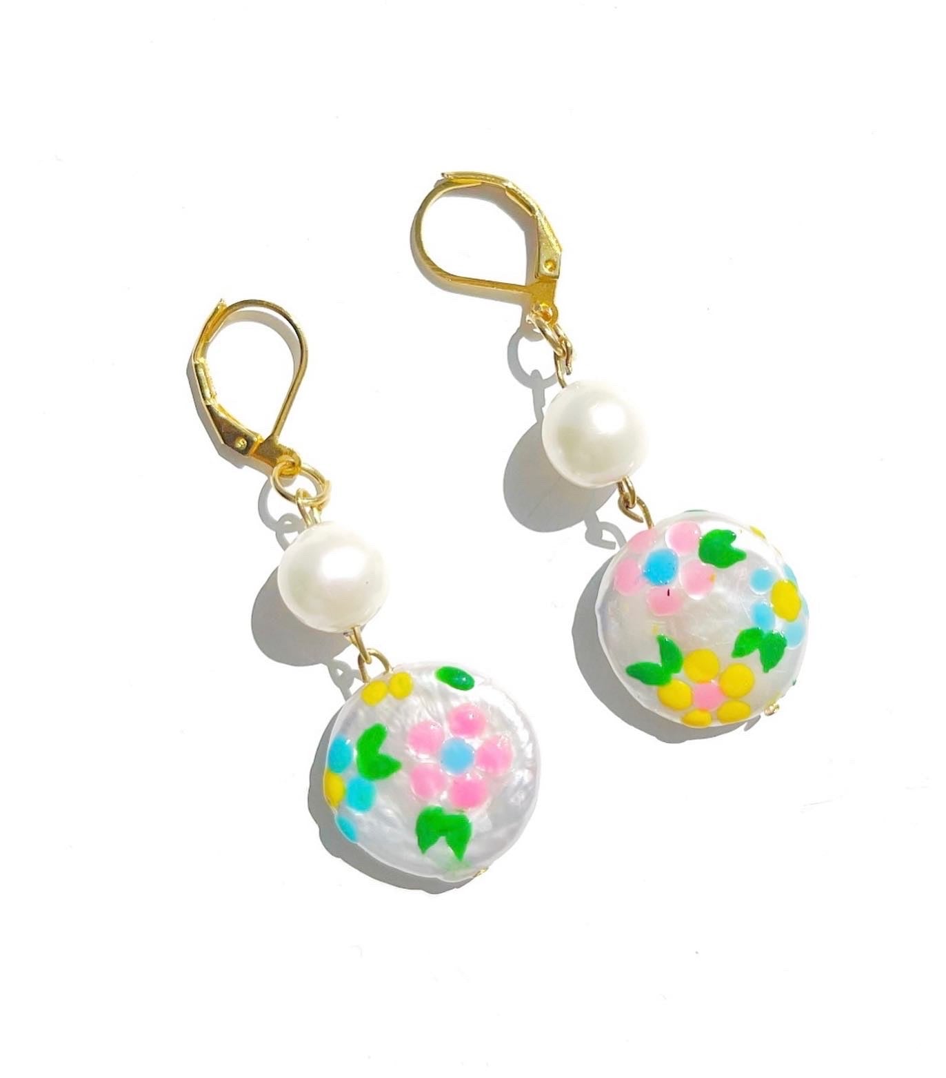 Colourful Daisy Painted Freshwater Pearl Earrings