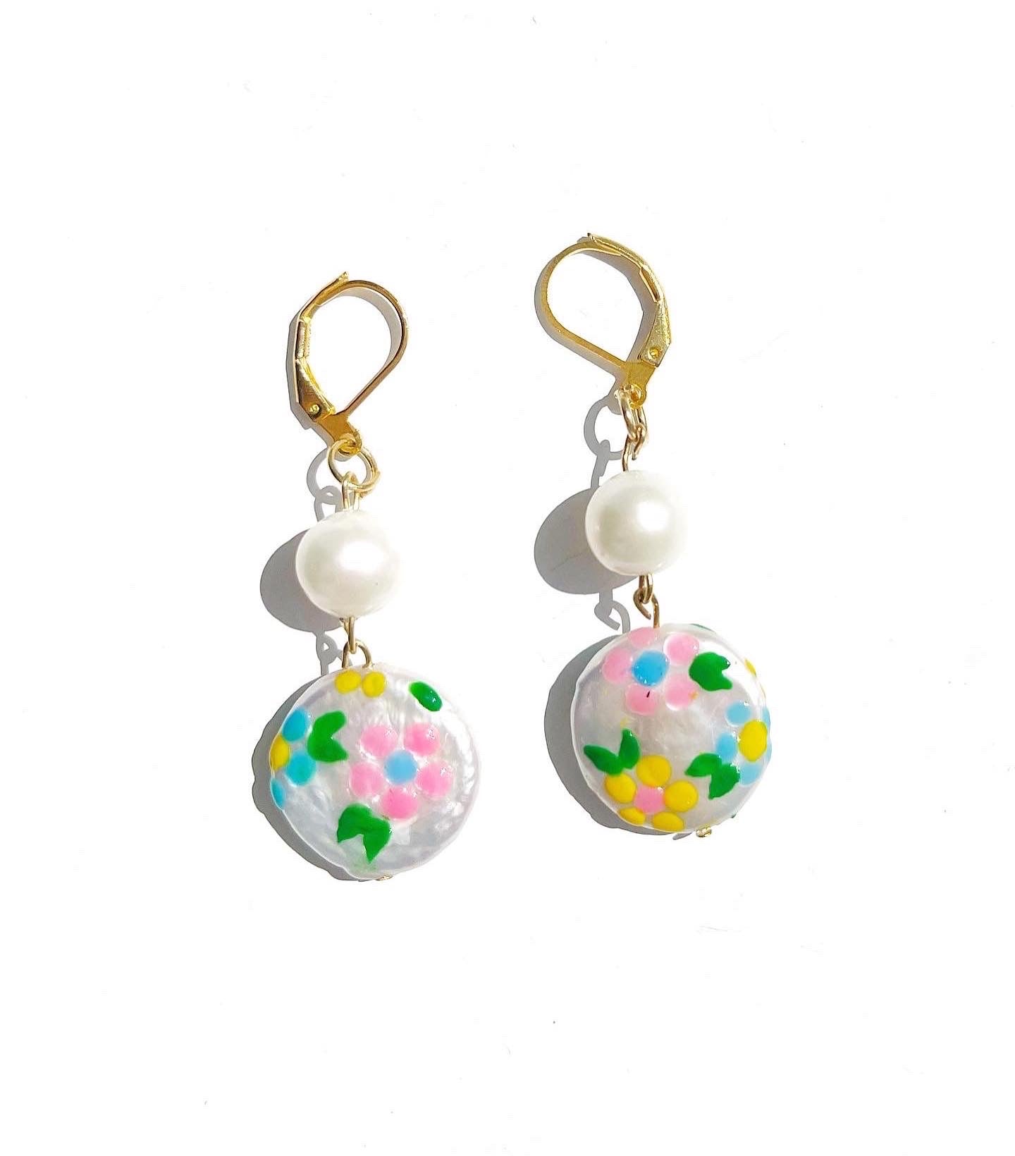 Colourful Daisy Painted Freshwater Pearl Earrings