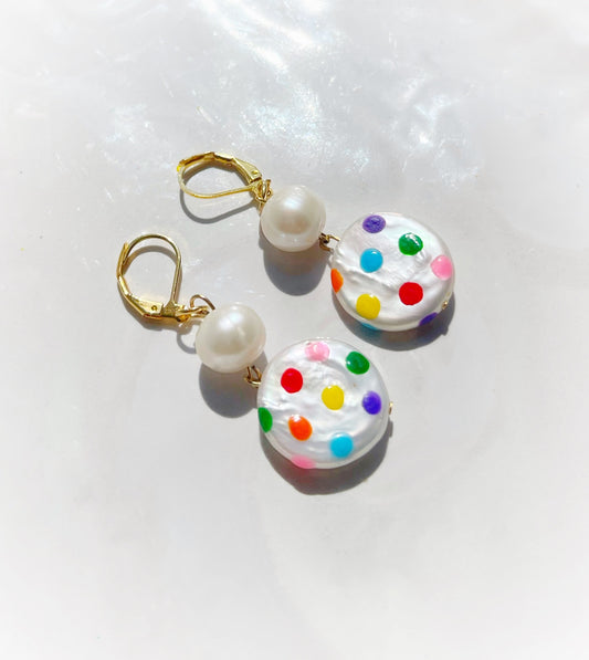 Polka Dot Painted Freshwater Pearl Earrings