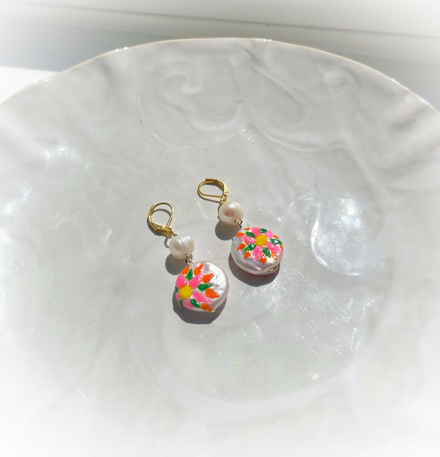 Tropical Flower Painted Freshwater Pearl Earrings