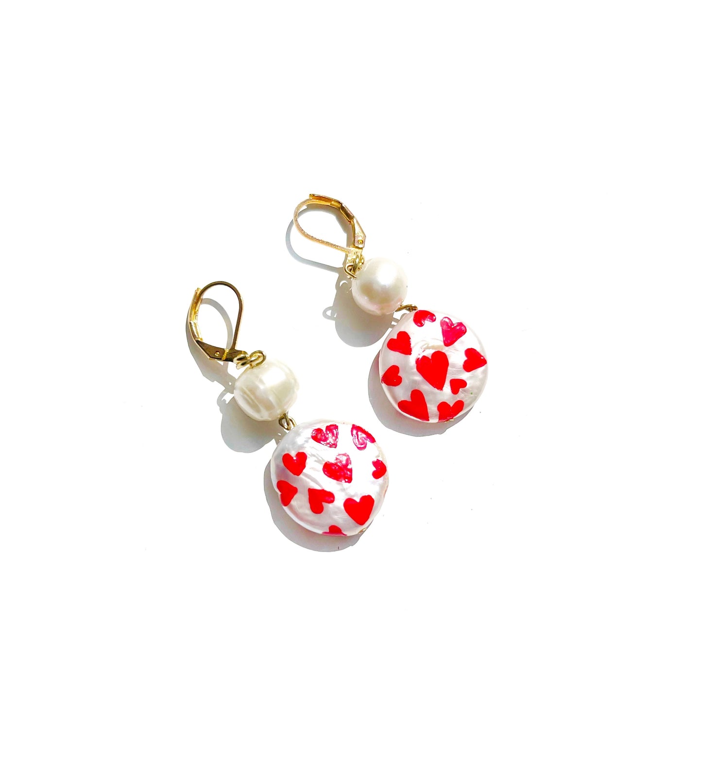 Red Heart Painted Freshwater Pearl Earrings