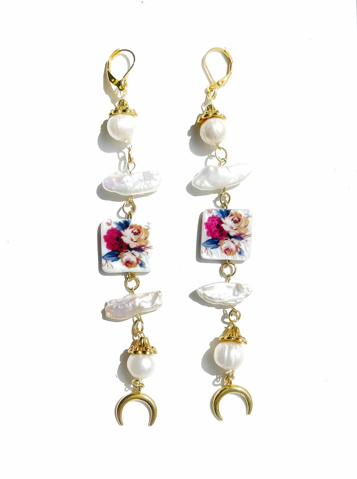 Floral pearl drop earrings with moon charm, white freshwater pearl dangle earrings, statement earrings, summer earrings