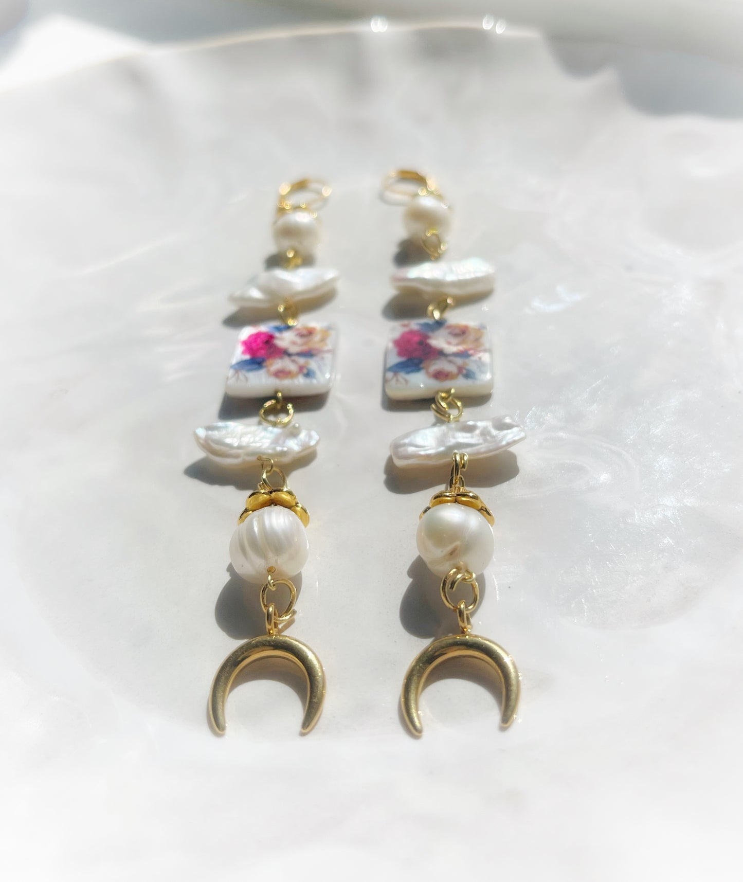Floral pearl drop earrings with moon charm, white freshwater pearl dangle earrings, statement earrings, summer earrings