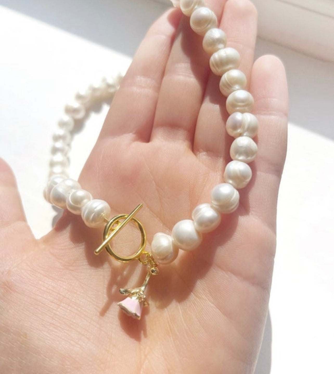 White freshwater pearl choker charm necklace with rose flower charm and toggle clasp / birthday gifts for her