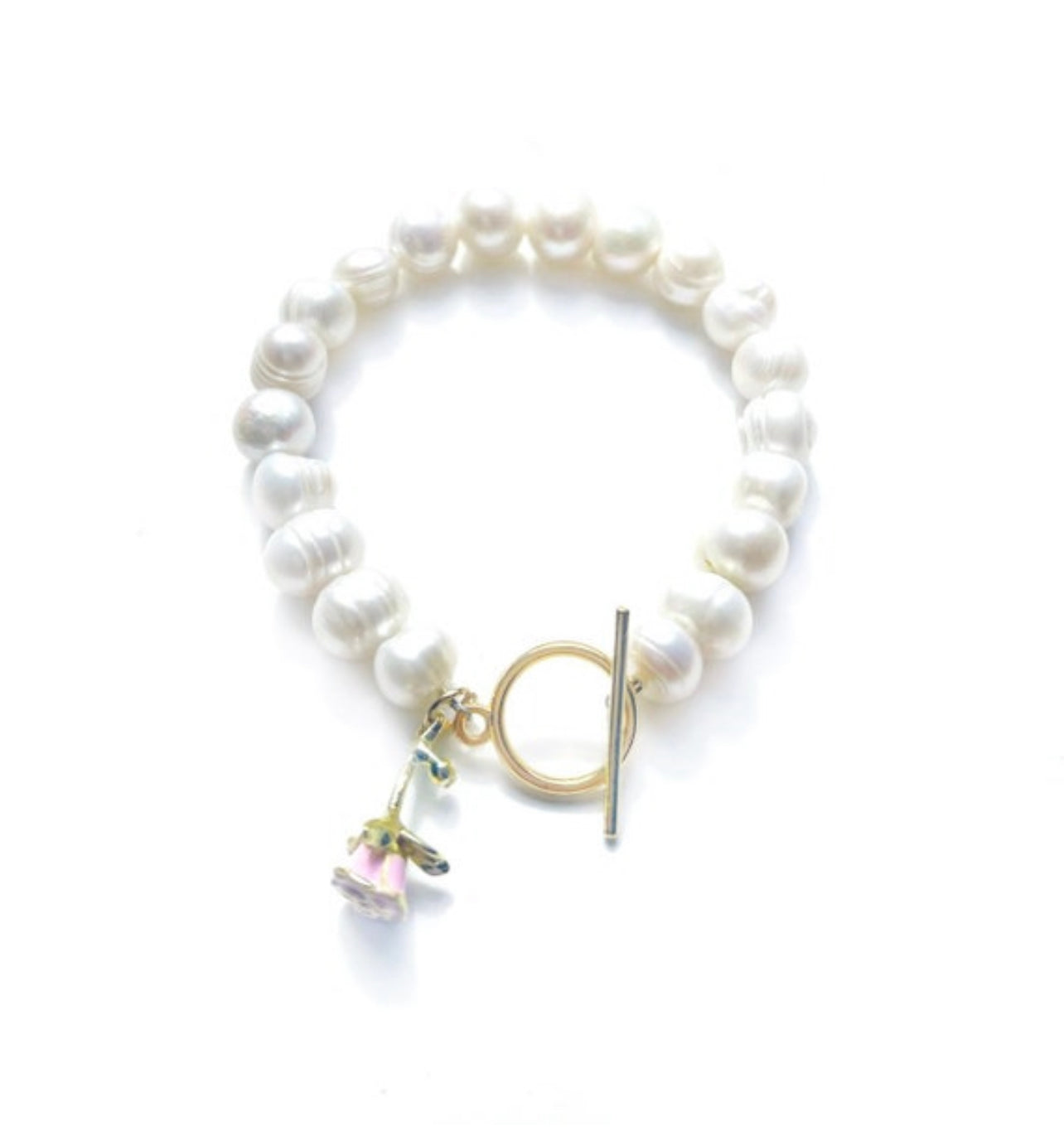 White freshwater pearl choker charm bracelet with rose flower charm and toggle clasp / birthday gifts for her