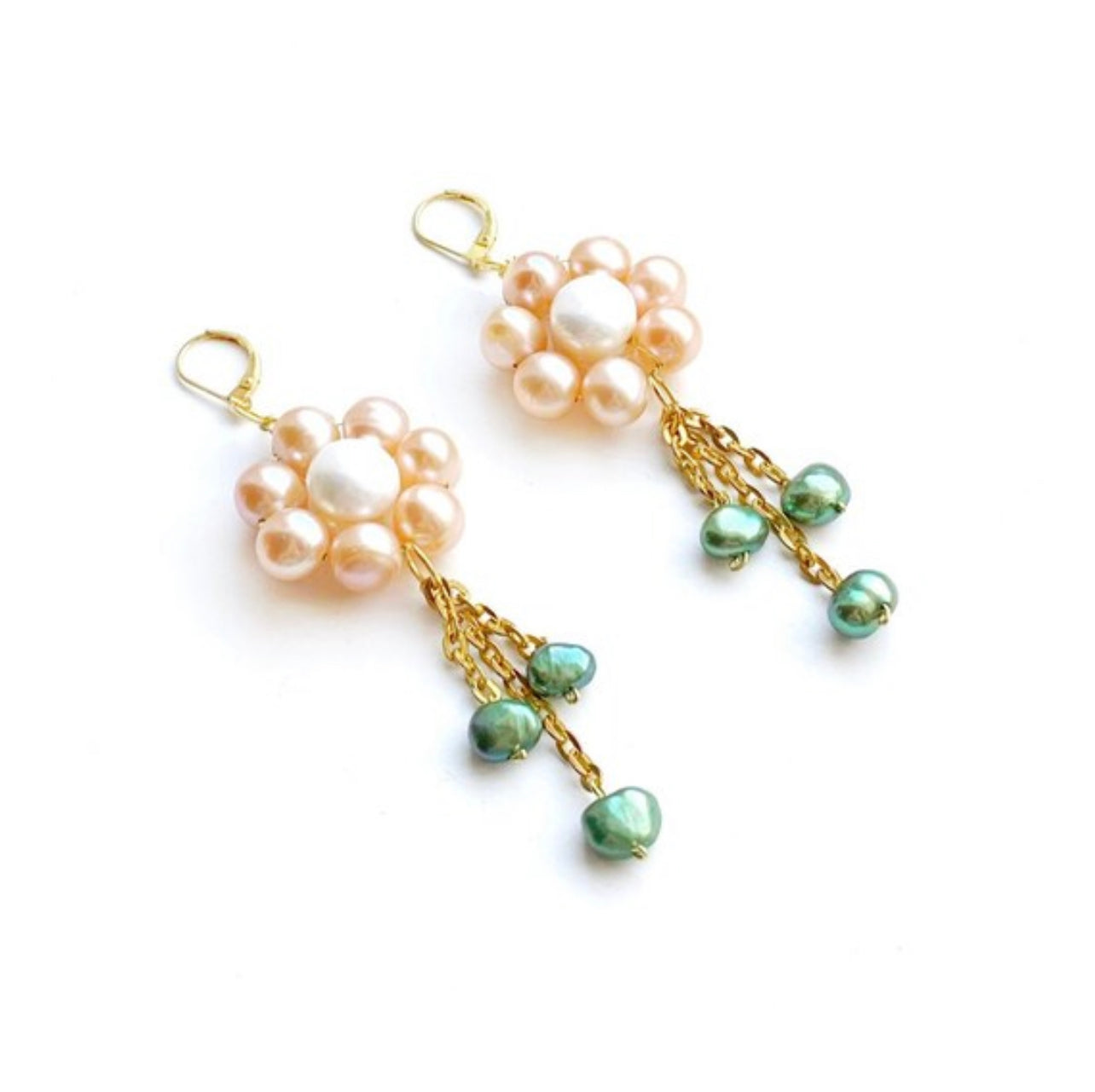Statement pearl dangle earrings, large flower earrings, summer jewelry, coloured pearl earrings, summer earrings