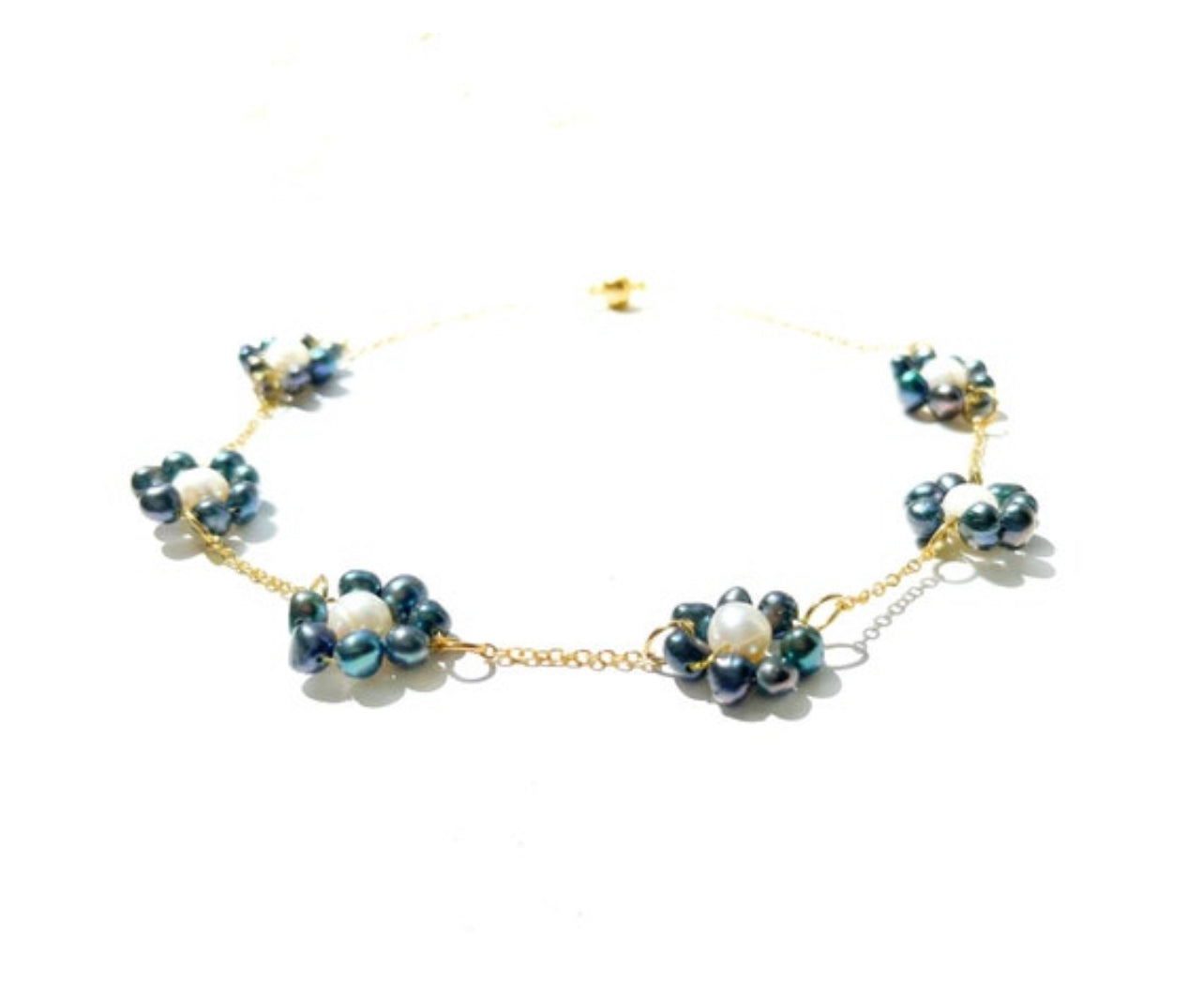 Dainty pearl choker necklace with dainty gold chain and blue and white freshwater pearl beads, summer chain necklace