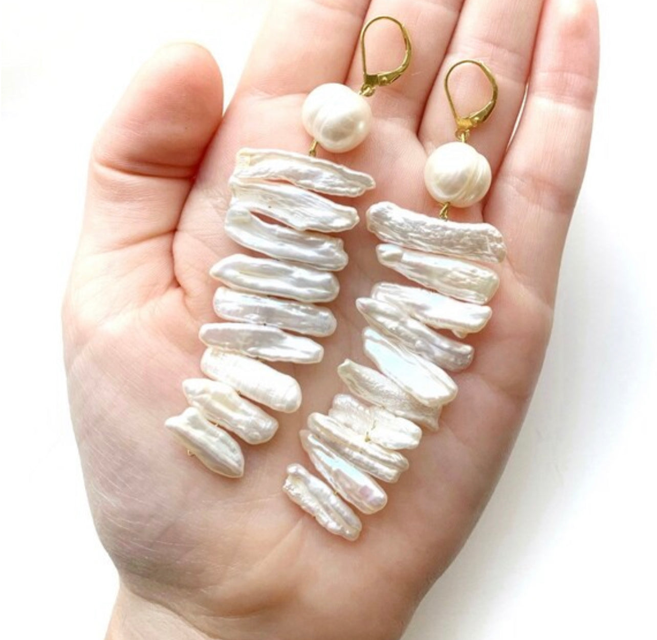 White stick pearl statement earrings, white pearl earrings, modern pearl jewellery, long pearl drop earrings