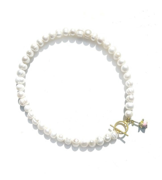 White freshwater pearl choker charm necklace with rose flower charm and toggle clasp / birthday gifts for her