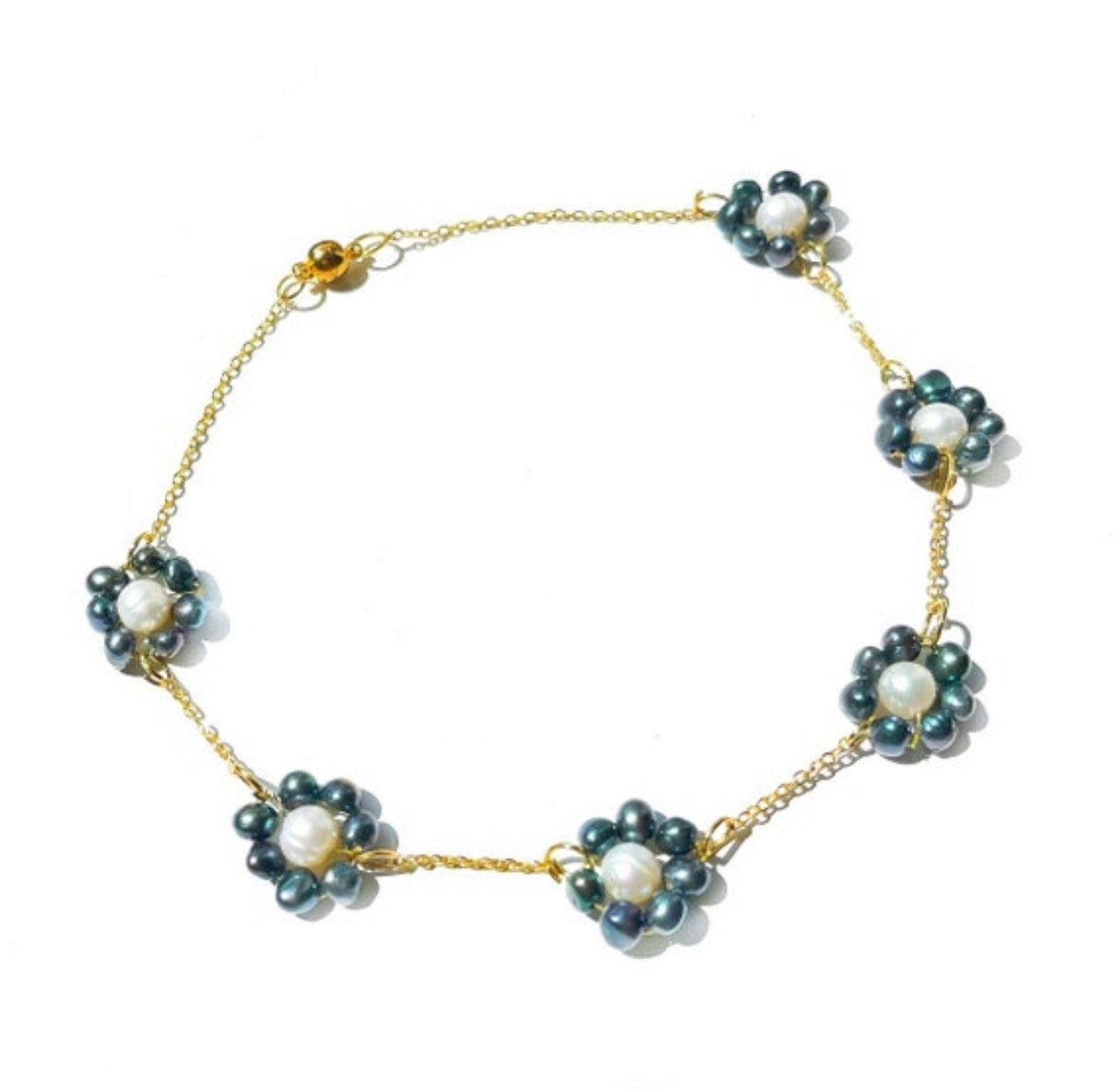 Dainty pearl choker necklace with dainty gold chain and blue and white freshwater pearl beads, summer chain necklace
