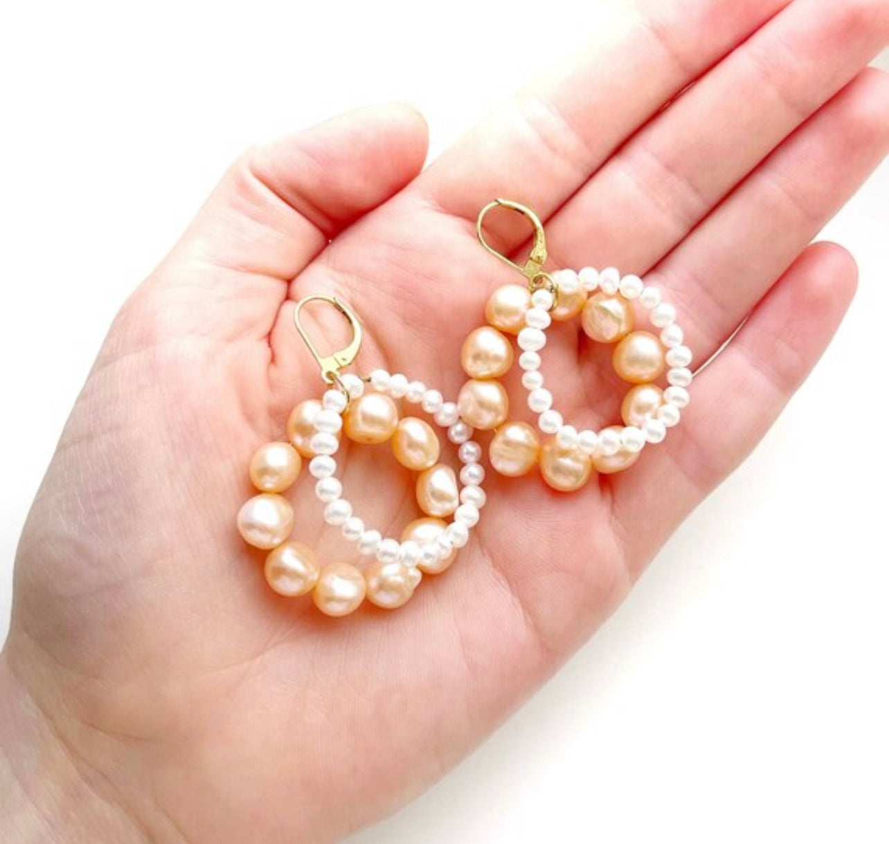 Unique pearl dangle and drop earrings, statement modern peach and white pearl hoop earrings