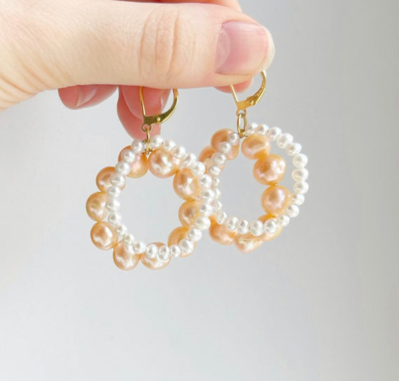 Unique pearl dangle and drop earrings, statement modern peach and white pearl hoop earrings