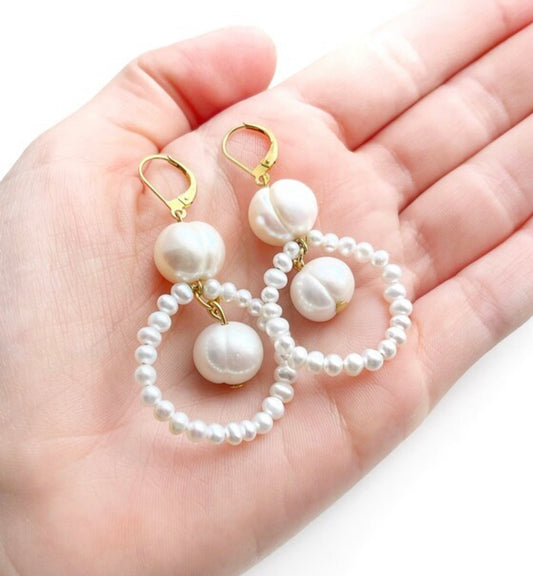 Elegant pearl dangle and drop earrings with white freshwater pearls, pearl bridal earrings, bridesmaid jewelry gifts