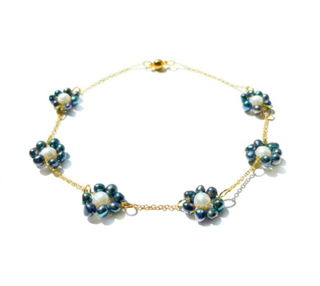 Dainty pearl choker necklace with dainty gold chain and blue and white freshwater pearl beads, summer chain necklace