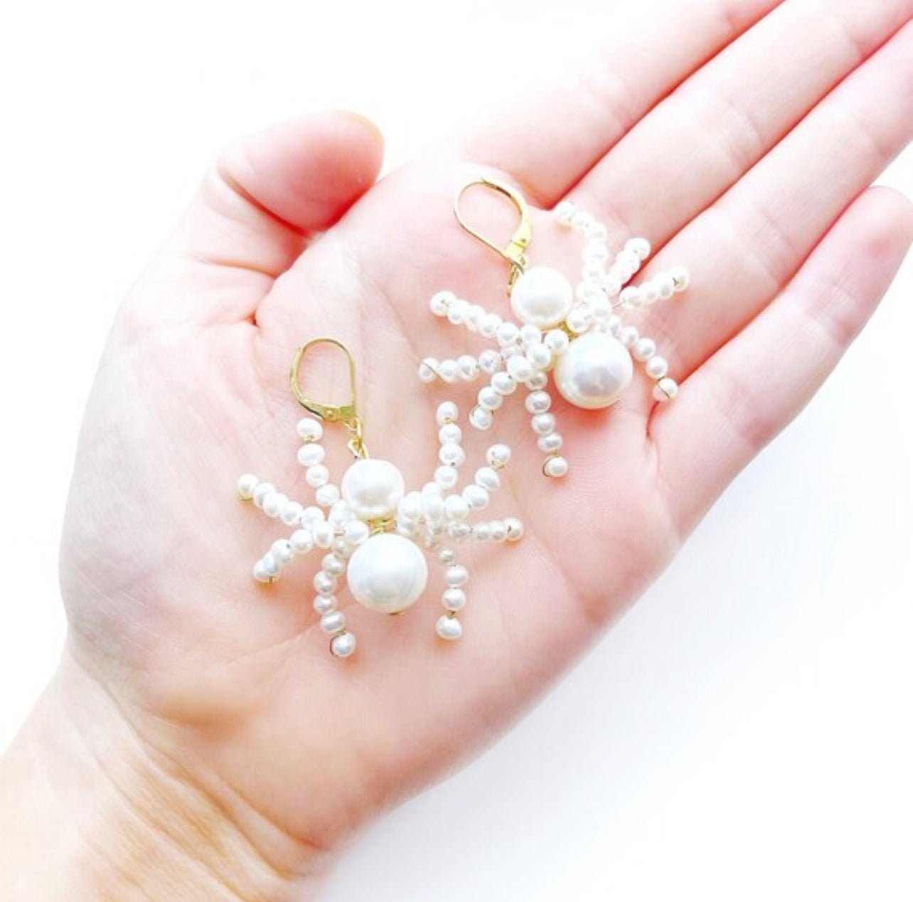 Spider statement earrings with white freshwater pearl, white pearl dangle earrings, punk goth earrings