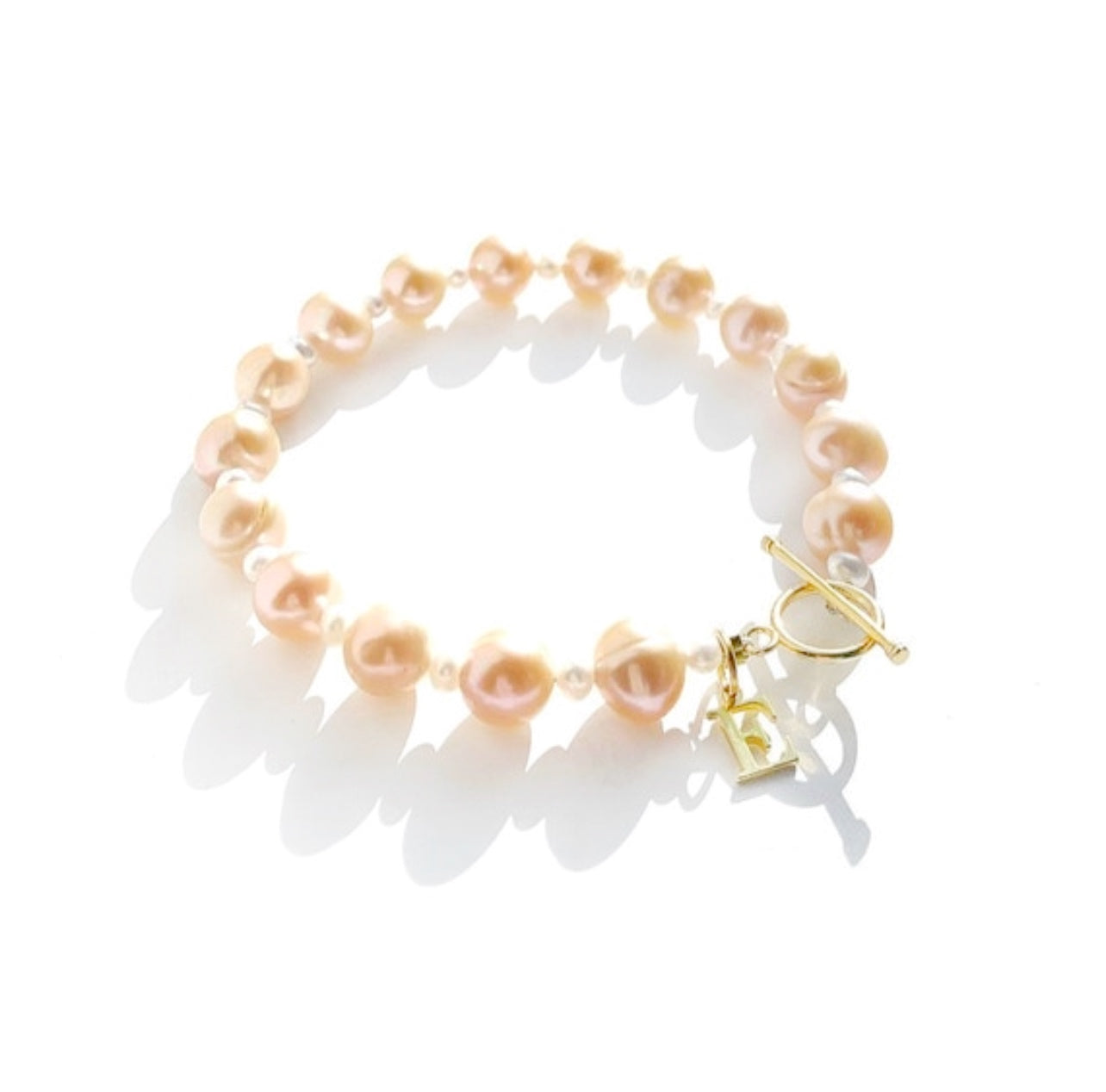 Letter charm bracelet, freshwater peach pearl bracelet with gold vermeil clasp and initial letter charm, personalized jewelry gifts
