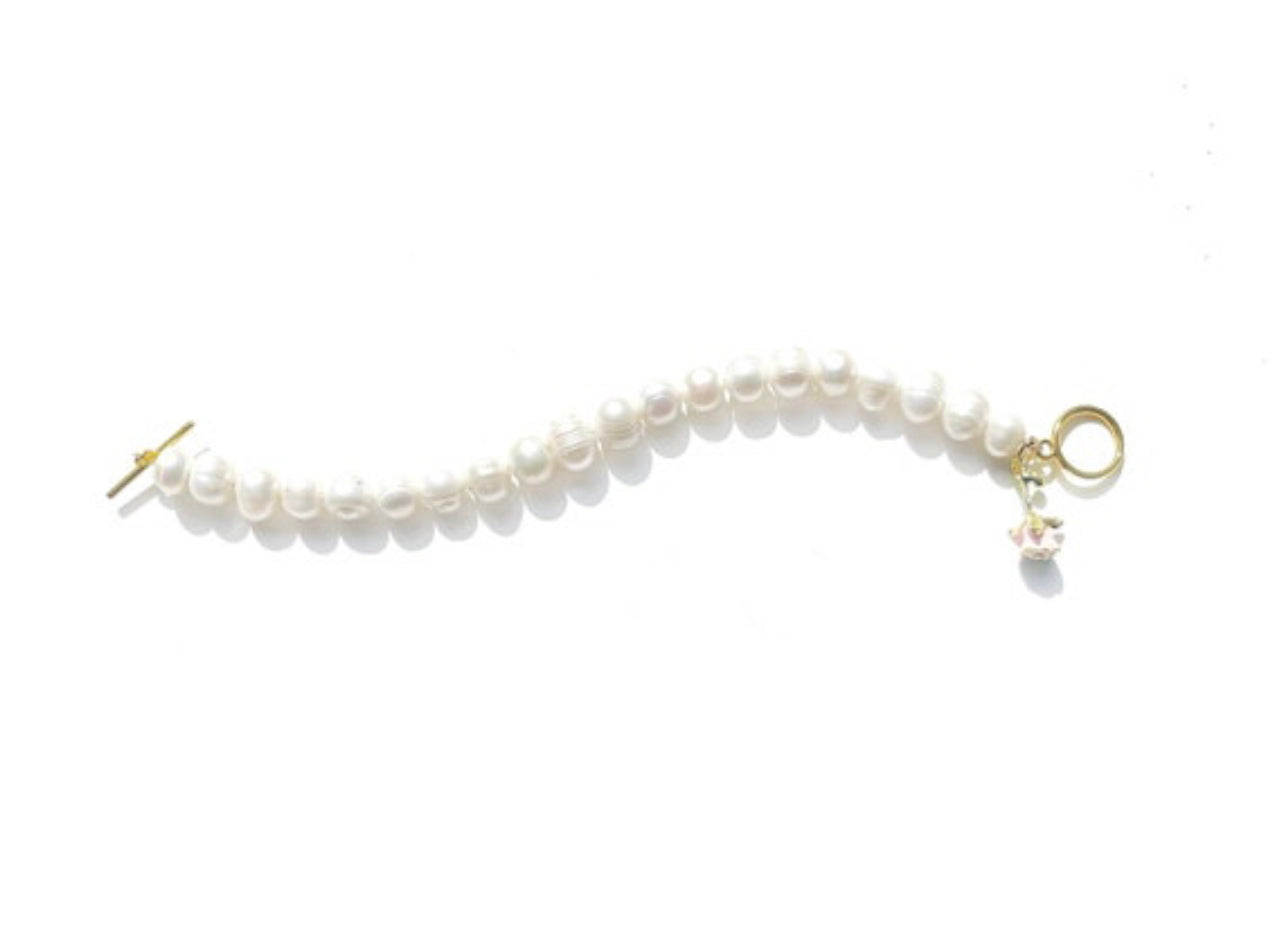 White freshwater pearl choker charm bracelet with rose flower charm and toggle clasp / birthday gifts for her