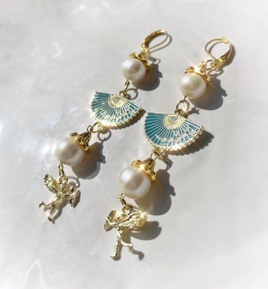 Cupid angel charm drop earrings, white freshwater pearl dangle earrings with fan detail, statement earrings, summer earrings
